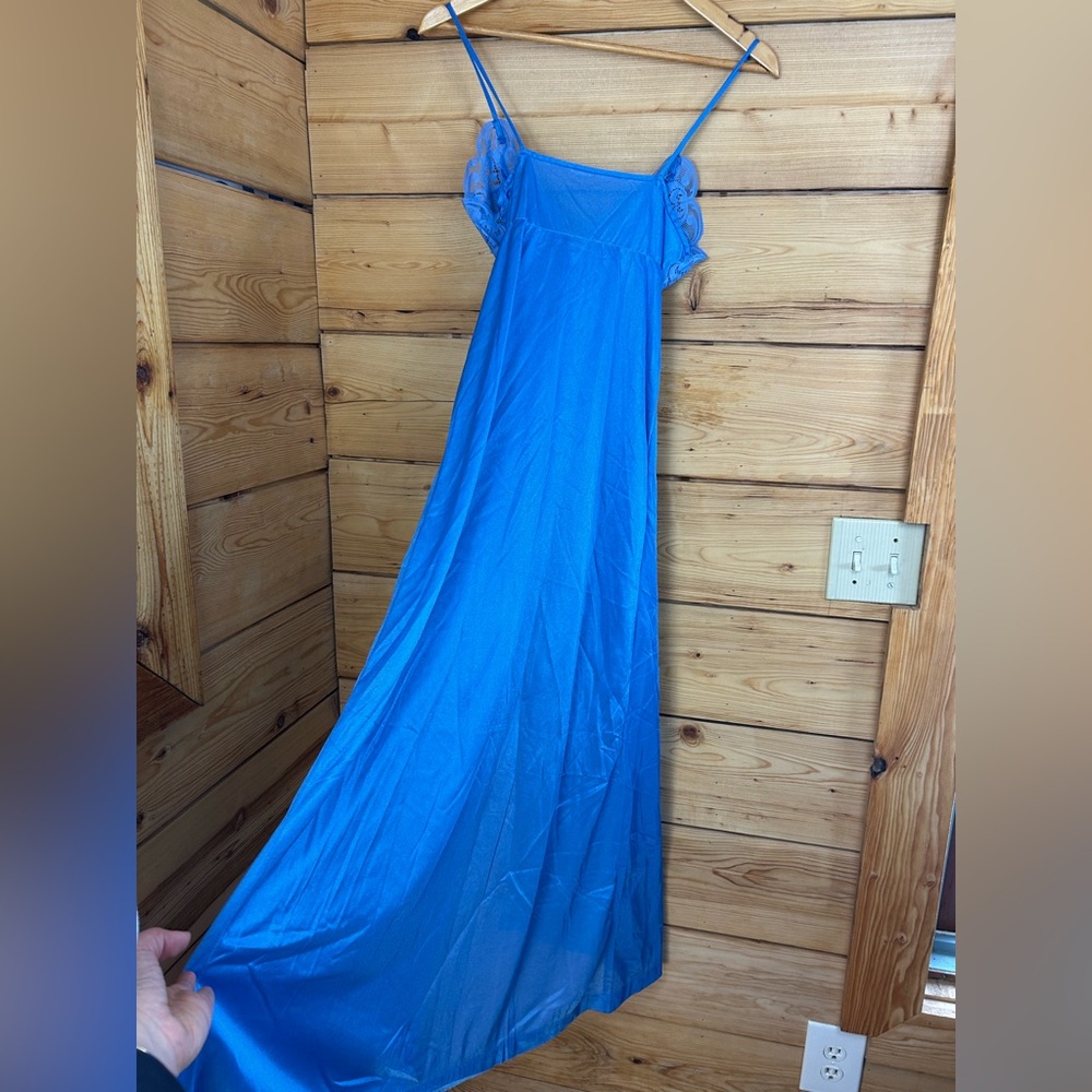 Vintage Blue Lace Satin Nightgown Nighty Chemise 16” pit to pit Women Medium - Picture 7 of 8